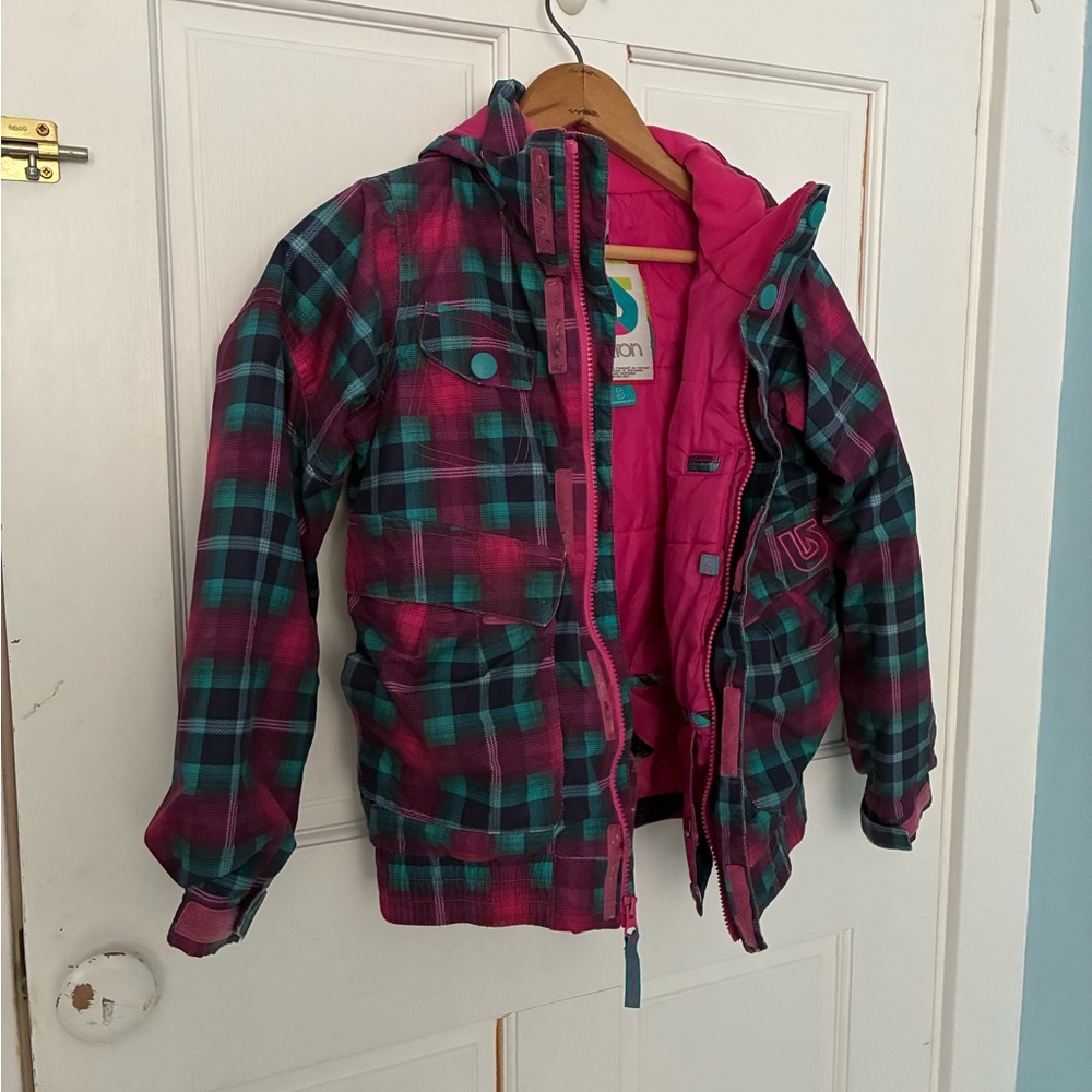 Burton Girls Plaid Hooded Puffer ski Jacket in Pink & Teal